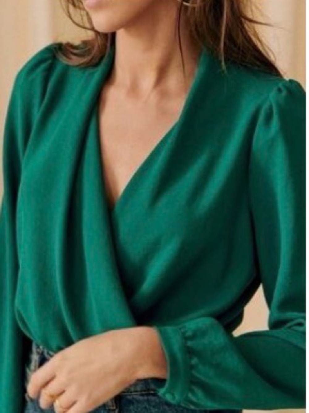 Sézane Teal Green Draped Wrap Blouse | Puff Sleeve Paris Top | 36 US Small